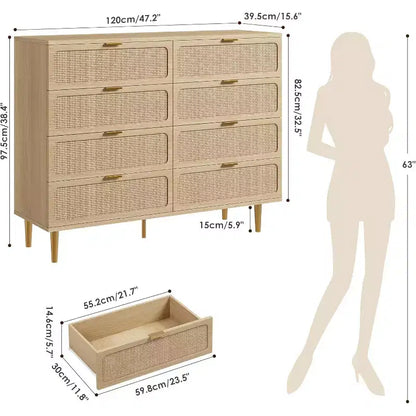 Commode à 8 tiroirs, Meuble de rangement moderne en bois pour chambre à coucher, Meuble TV de style rustique pour salon et chambre à coucher
