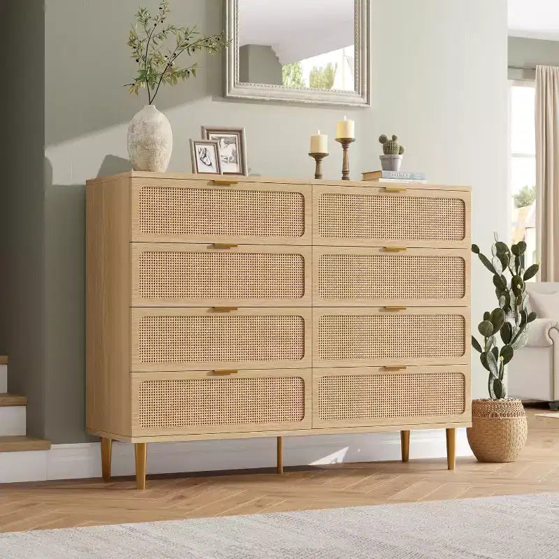 Commode à 8 tiroirs, Meuble de rangement moderne en bois pour chambre à coucher, Meuble TV de style rustique pour salon et chambre à coucher