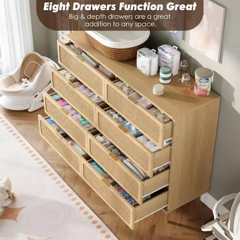 Commode à 8 tiroirs, Meuble de rangement moderne en bois pour chambre à coucher, Meuble TV de style rustique pour salon et chambre à coucher