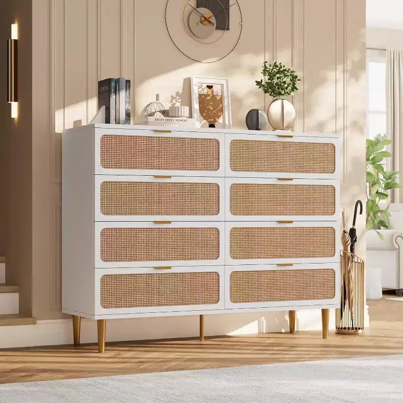 Commode à 8 tiroirs, Meuble de rangement moderne en bois pour chambre à coucher, Meuble TV de style rustique pour salon et chambre à coucher