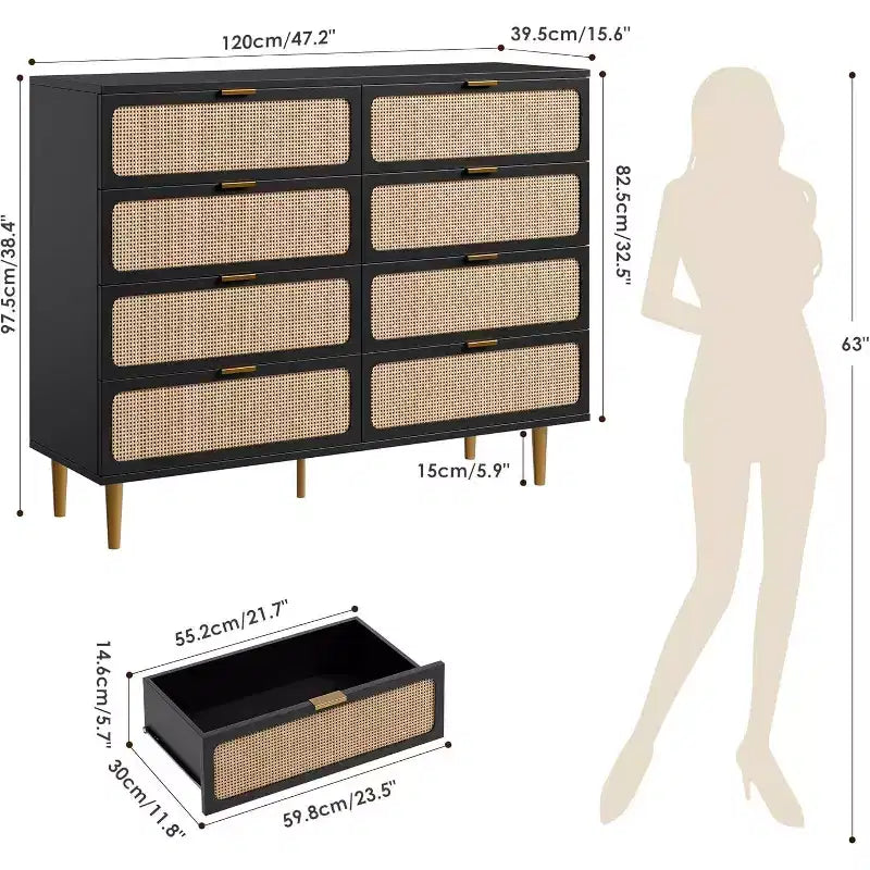 Commode à 8 tiroirs, Meuble de rangement moderne en bois pour chambre à coucher, Meuble TV de style rustique pour salon et chambre à coucher