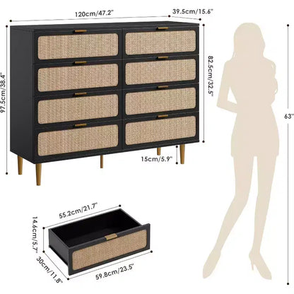 Commode à 8 tiroirs, Meuble de rangement moderne en bois pour chambre à coucher, Meuble TV de style rustique pour salon et chambre à coucher