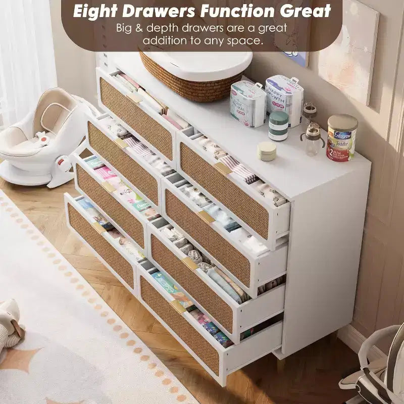 Commode à 8 tiroirs, Meuble de rangement moderne en bois pour chambre à coucher, Meuble TV de style rustique pour salon et chambre à coucher