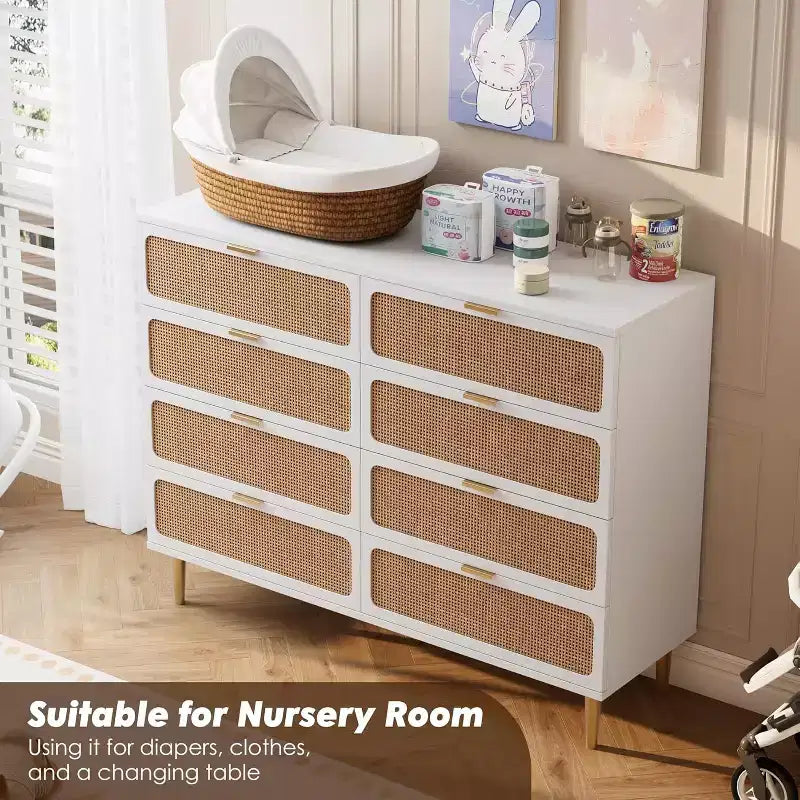 Commode à 8 tiroirs, Meuble de rangement moderne en bois pour chambre à coucher, Meuble TV de style rustique pour salon et chambre à coucher