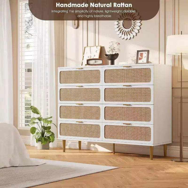 Commode à 8 tiroirs, Meuble de rangement moderne en bois pour chambre à coucher, Meuble TV de style rustique pour salon et chambre à coucher