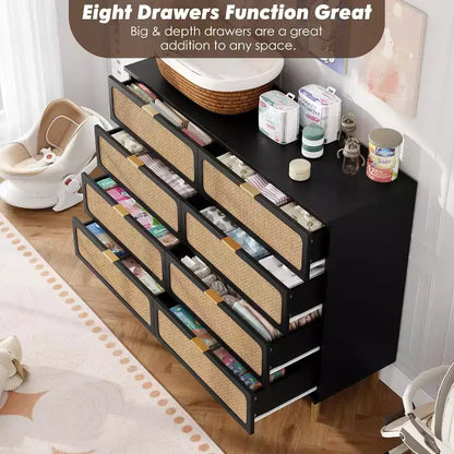 Commode à 8 tiroirs, Meuble de rangement moderne en bois pour chambre à coucher, Meuble TV de style rustique pour salon et chambre à coucher