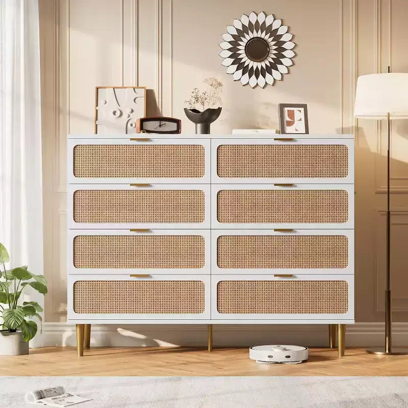 Commode à 8 tiroirs, Meuble de rangement moderne en bois pour chambre à coucher, Meuble TV de style rustique pour salon et chambre à coucher