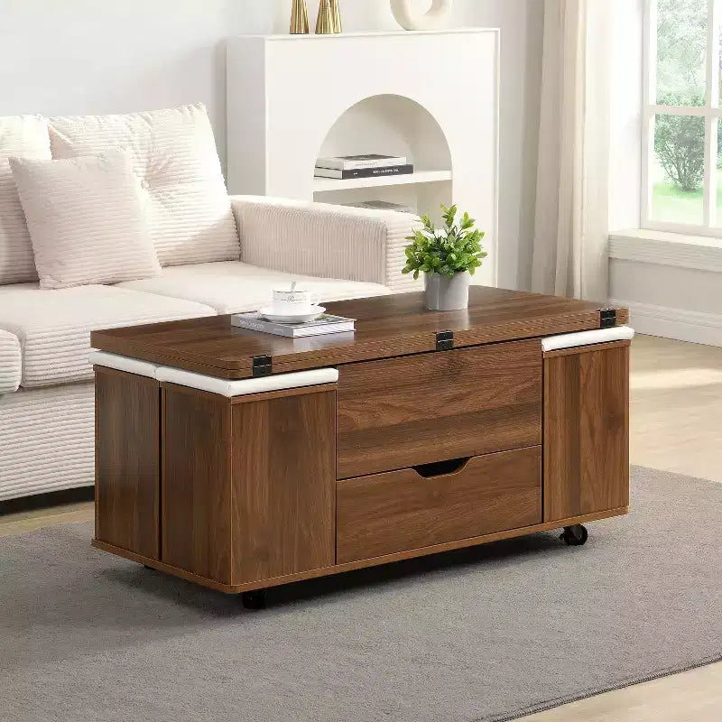 Okak Modern Functional Lift-Top Coffee Table with Hidden Storage & Stools,Fashionable Center Table Set for Living Room,Office