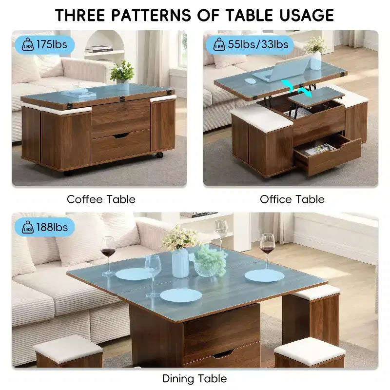 Okak Modern Functional Lift-Top Coffee Table with Hidden Storage & Stools,Fashionable Center Table Set for Living Room,Office