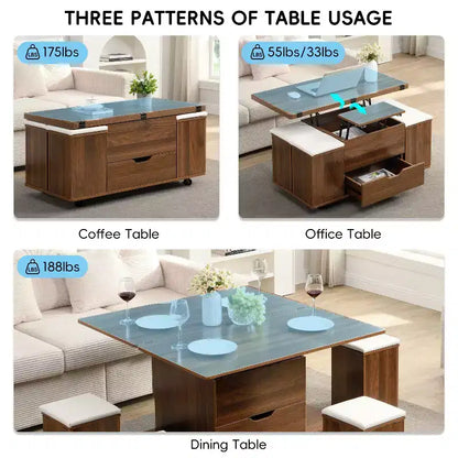 Okak Modern Functional Lift-Top Coffee Table with Hidden Storage & Stools,Fashionable Center Table Set for Living Room,Office