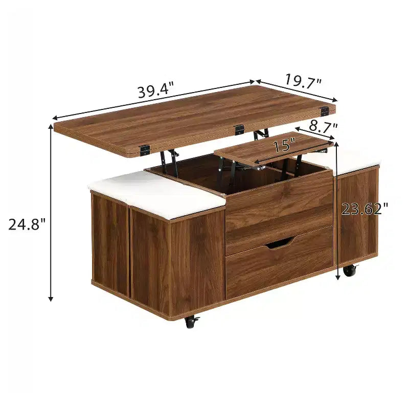 Okak Modern Functional Lift-Top Coffee Table with Hidden Storage & Stools,Fashionable Center Table Set for Living Room,Office