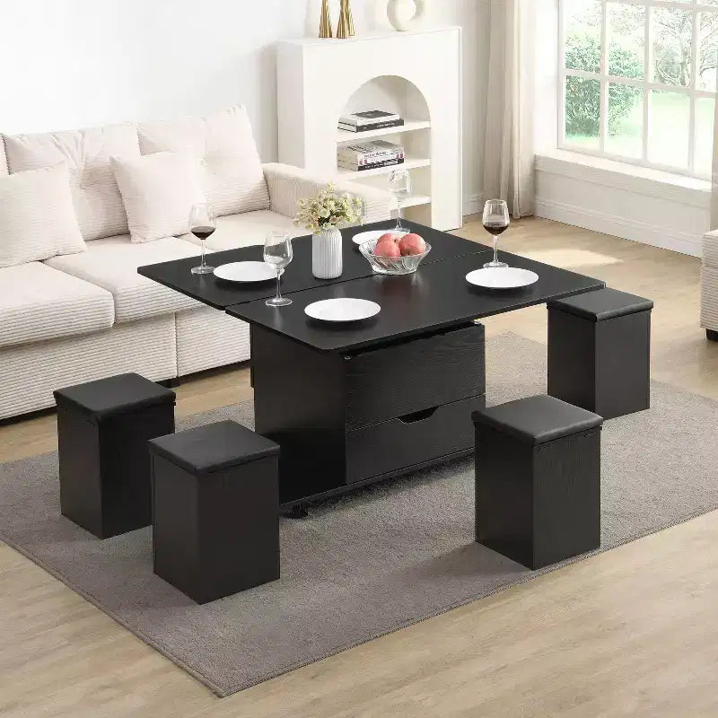 Okak Modern Functional Lift-Top Coffee Table with Hidden Storage & Stools,Fashionable Center Table Set for Living Room,Office