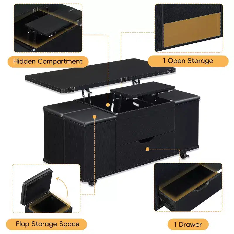 Okak Modern Functional Lift-Top Coffee Table with Hidden Storage & Stools,Fashionable Center Table Set for Living Room,Office