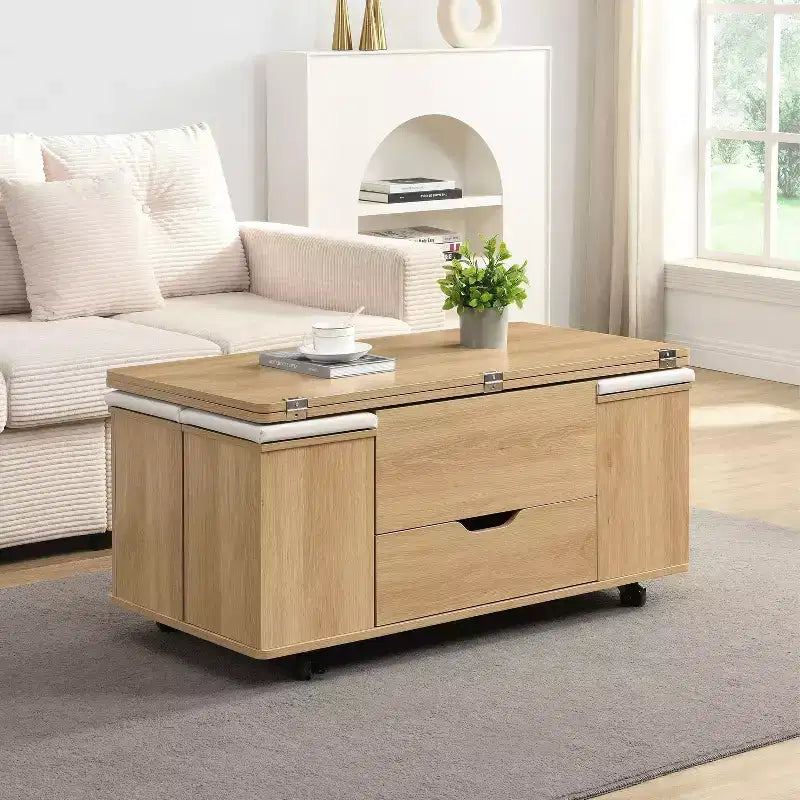 Okak Modern Functional Lift-Top Coffee Table with Hidden Storage & Stools,Fashionable Center Table Set for Living Room,Office