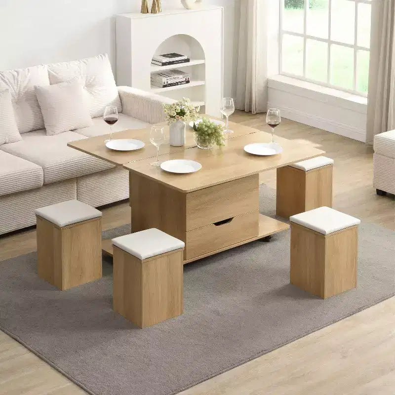 Okak Modern Functional Lift-Top Coffee Table with Hidden Storage & Stools,Fashionable Center Table Set for Living Room,Office