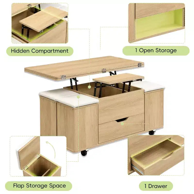 Okak Modern Functional Lift-Top Coffee Table with Hidden Storage & Stools,Fashionable Center Table Set for Living Room,Office