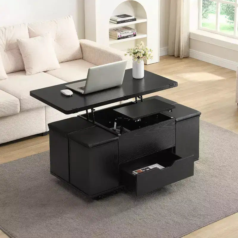 Okak Modern Functional Lift-Top Coffee Table with Hidden Storage & Stools,Fashionable Center Table Set for Living Room,Office