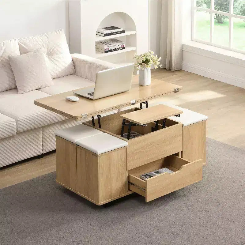 Okak Modern Functional Lift-Top Coffee Table with Hidden Storage & Stools,Fashionable Center Table Set for Living Room,Office