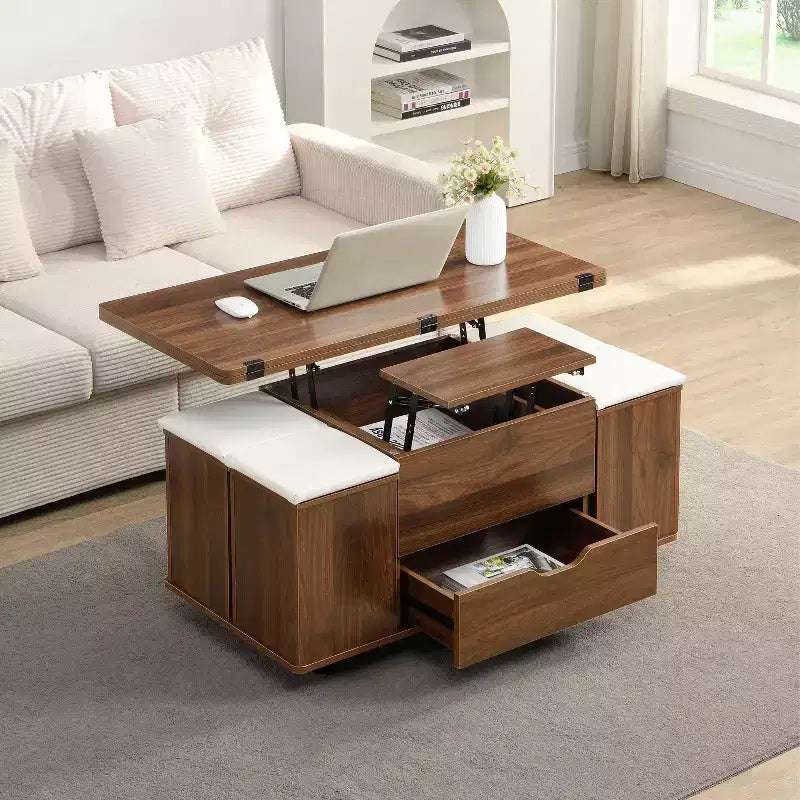 Okak Modern Functional Lift-Top Coffee Table with Hidden Storage & Stools,Fashionable Center Table Set for Living Room,Office