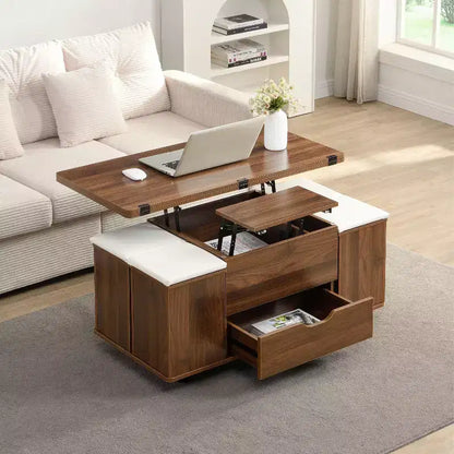 Okak Modern Functional Lift-Top Coffee Table with Hidden Storage & Stools,Fashionable Center Table Set for Living Room,Office