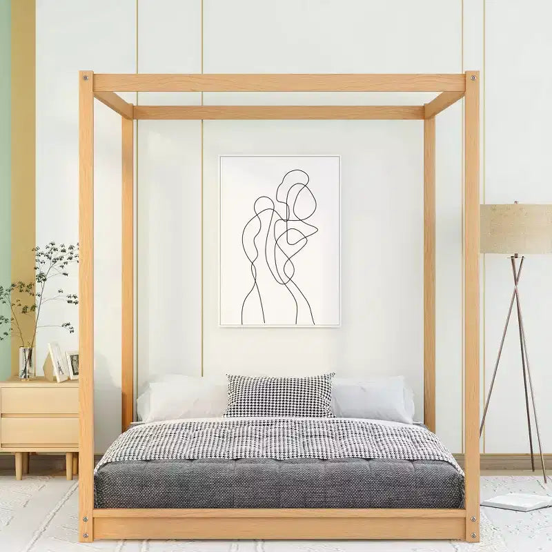 Canopy Bed Wood 4 Poster Panel Beds, Floor Bed Frame with Solid Wood Slat Support