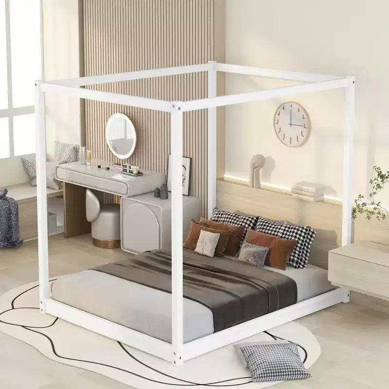 Canopy Bed Wood 4 Poster Panel Beds, Floor Bed Frame with Solid Wood Slat Support