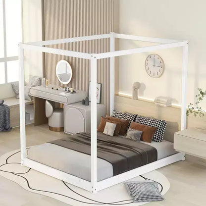Canopy Bed Wood 4 Poster Panel Beds, Floor Bed Frame with Solid Wood Slat Support