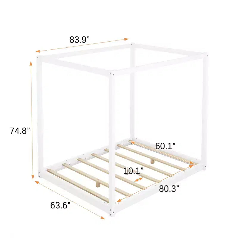 Canopy Bed Wood 4 Poster Panel Beds, Floor Bed Frame with Solid Wood Slat Support