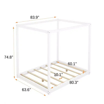 Canopy Bed Wood 4 Poster Panel Beds, Floor Bed Frame with Solid Wood Slat Support