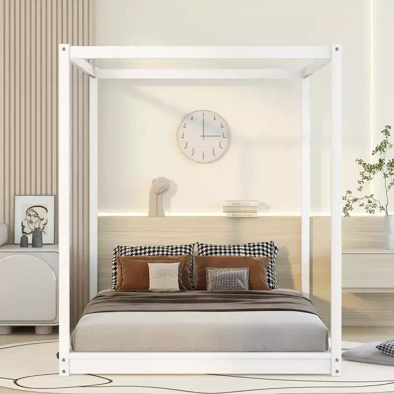 Canopy Bed Wood 4 Poster Panel Beds, Floor Bed Frame with Solid Wood Slat Support