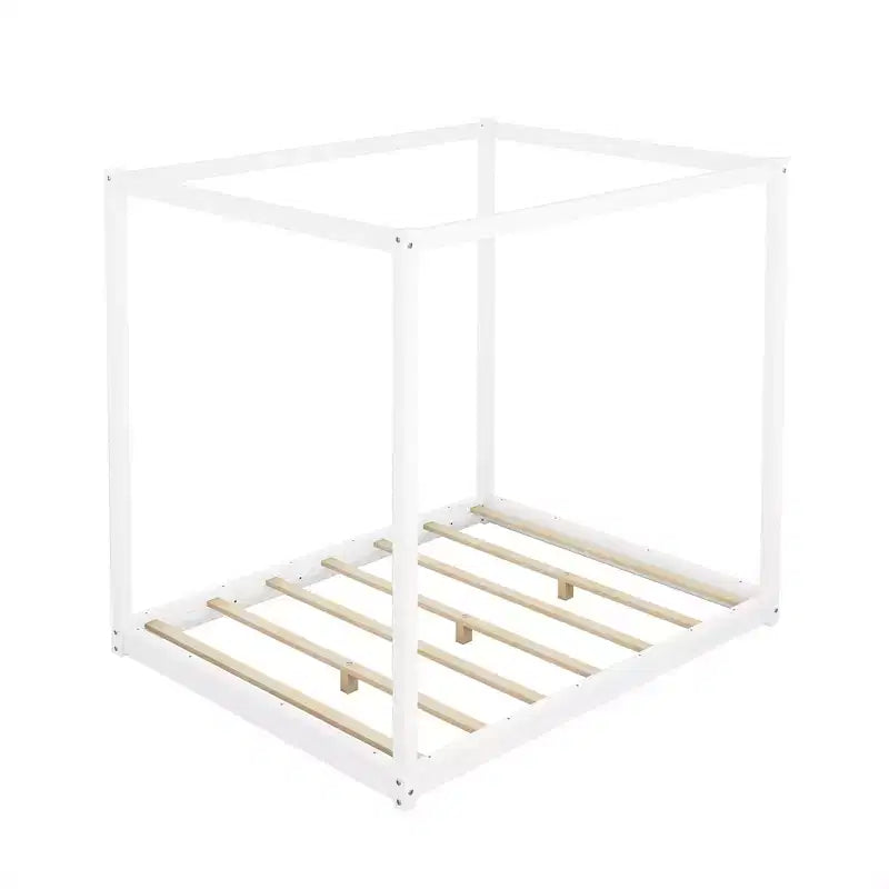 Canopy Bed Wood 4 Poster Panel Beds, Floor Bed Frame with Solid Wood Slat Support