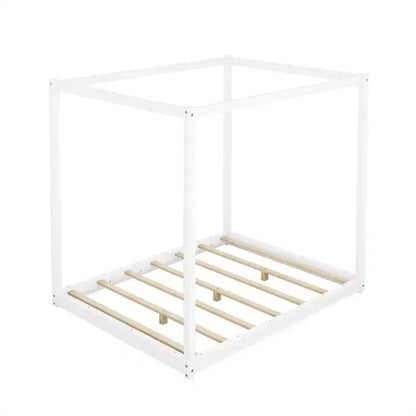 Canopy Bed Wood 4 Poster Panel Beds, Floor Bed Frame with Solid Wood Slat Support