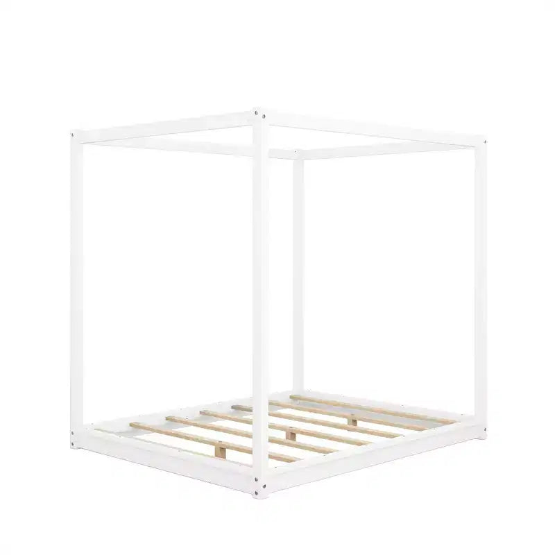 Canopy Bed Wood 4 Poster Panel Beds, Floor Bed Frame with Solid Wood Slat Support