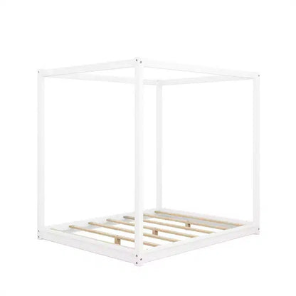 Canopy Bed Wood 4 Poster Panel Beds, Floor Bed Frame with Solid Wood Slat Support