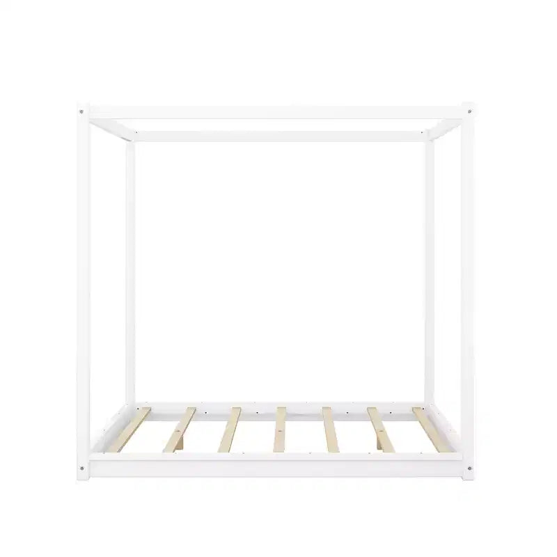 Canopy Bed Wood 4 Poster Panel Beds, Floor Bed Frame with Solid Wood Slat Support