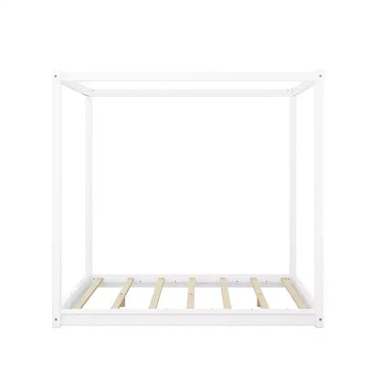Canopy Bed Wood 4 Poster Panel Beds, Floor Bed Frame with Solid Wood Slat Support