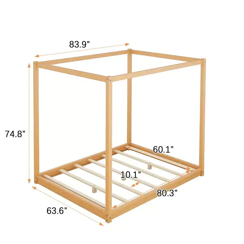 Canopy Bed Wood 4 Poster Panel Beds, Floor Bed Frame with Solid Wood Slat Support