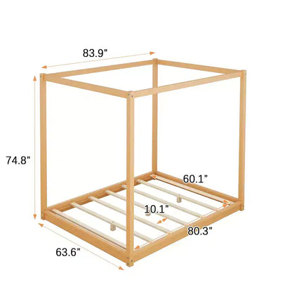 Canopy Bed Wood 4 Poster Panel Beds, Floor Bed Frame with Solid Wood Slat Support