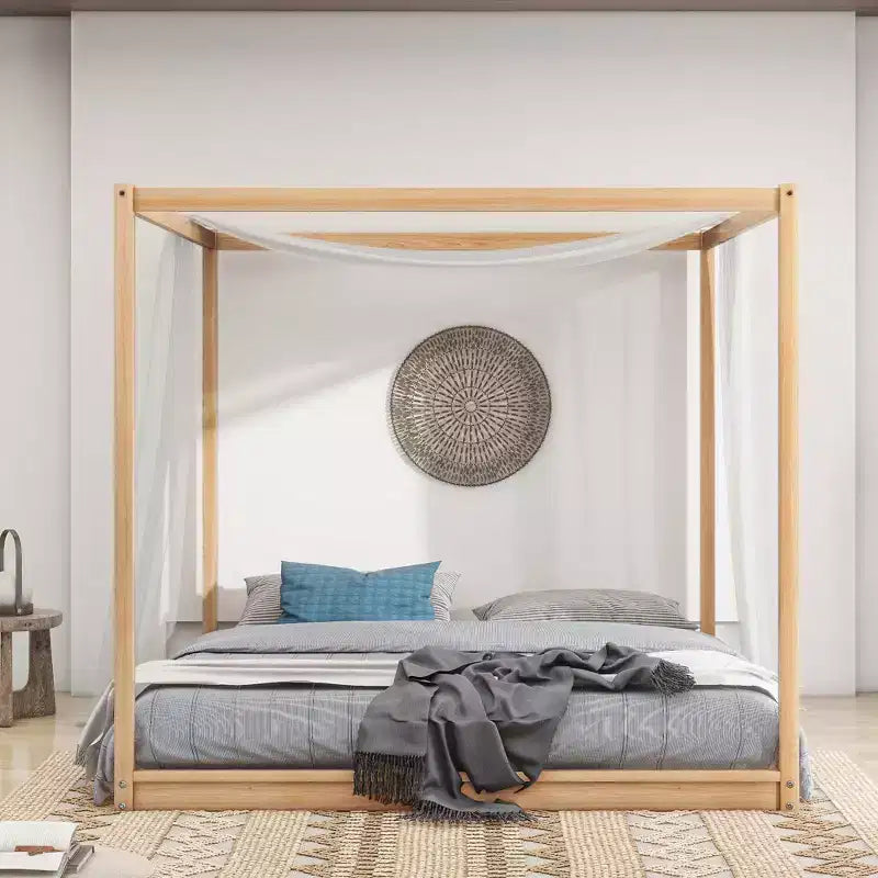 Canopy Bed Wood 4 Poster Panel Beds, Floor Bed Frame with Solid Wood Slat Support