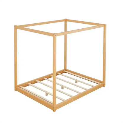 Canopy Bed Wood 4 Poster Panel Beds, Floor Bed Frame with Solid Wood Slat Support