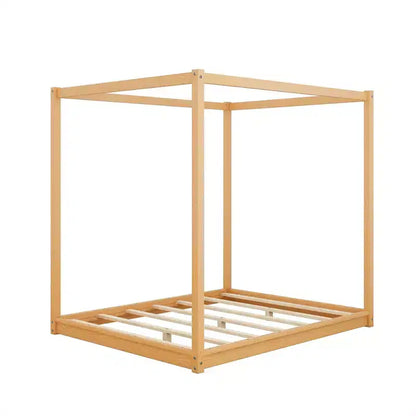 Canopy Bed Wood 4 Poster Panel Beds, Floor Bed Frame with Solid Wood Slat Support
