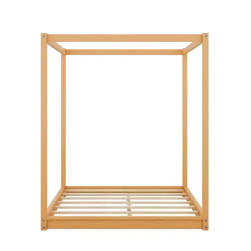 Canopy Bed Wood 4 Poster Panel Beds, Floor Bed Frame with Solid Wood Slat Support