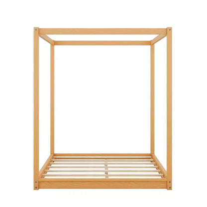 Canopy Bed Wood 4 Poster Panel Beds, Floor Bed Frame with Solid Wood Slat Support