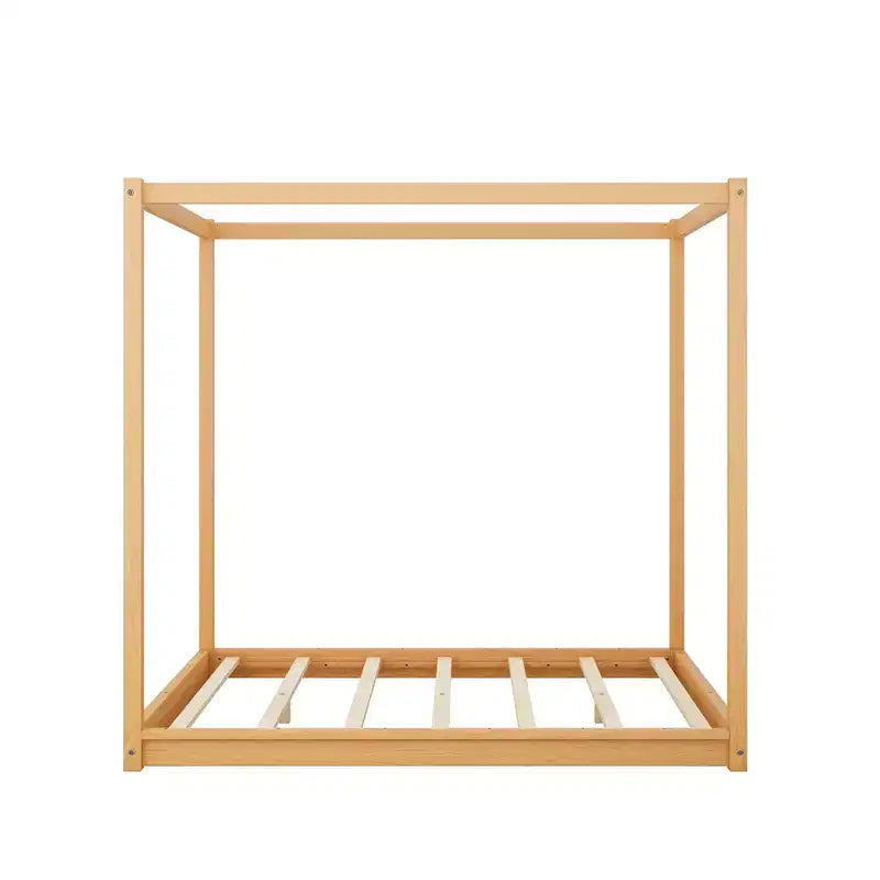 Canopy Bed Wood 4 Poster Panel Beds, Floor Bed Frame with Solid Wood Slat Support