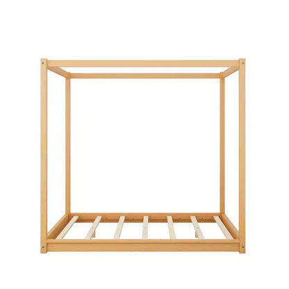 Canopy Bed Wood 4 Poster Panel Beds, Floor Bed Frame with Solid Wood Slat Support