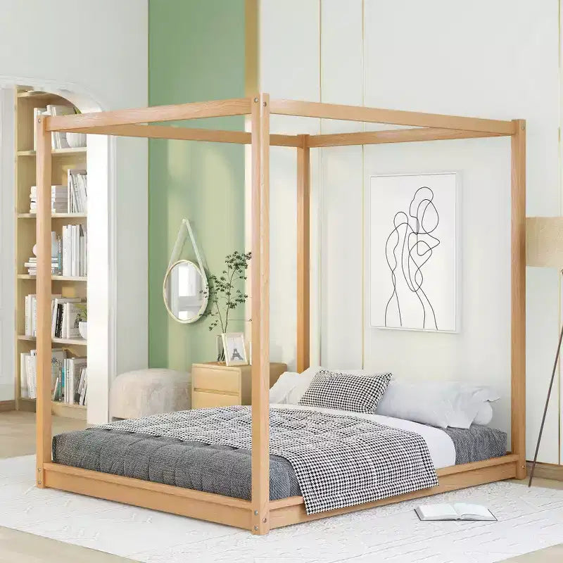 Canopy Bed Wood 4 Poster Panel Beds, Floor Bed Frame with Solid Wood Slat Support