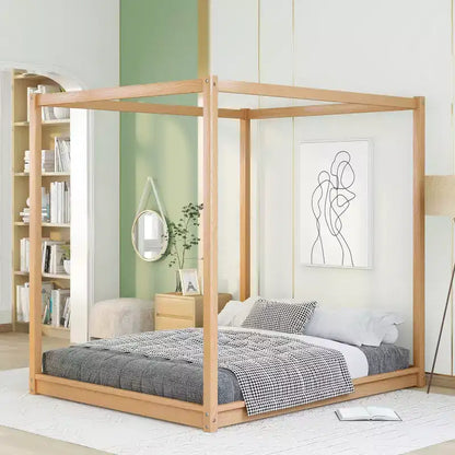 Canopy Bed Wood 4 Poster Panel Beds, Floor Bed Frame with Solid Wood Slat Support