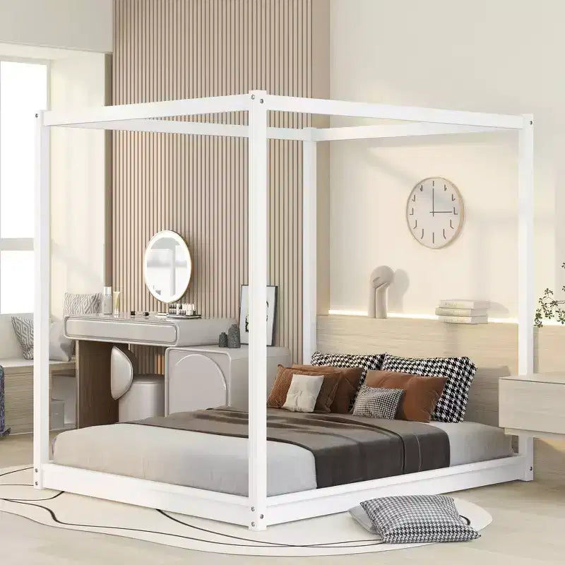 Canopy Bed Wood 4 Poster Panel Beds, Floor Bed Frame with Solid Wood Slat Support