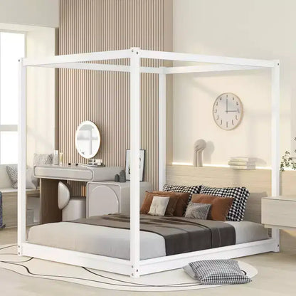 Canopy Bed Wood 4 Poster Panel Beds, Floor Bed Frame with Solid Wood Slat Support