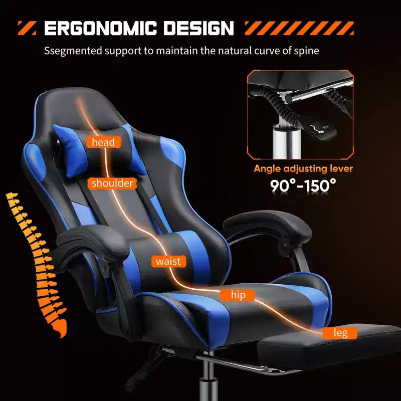 MAYEERTY Chaise de gaming Chaise de bureau ergonomique avec repose-pieds Soutien lombaire confortable en cuir PU Inclinable avec appuie-tête Accoudoir fixe